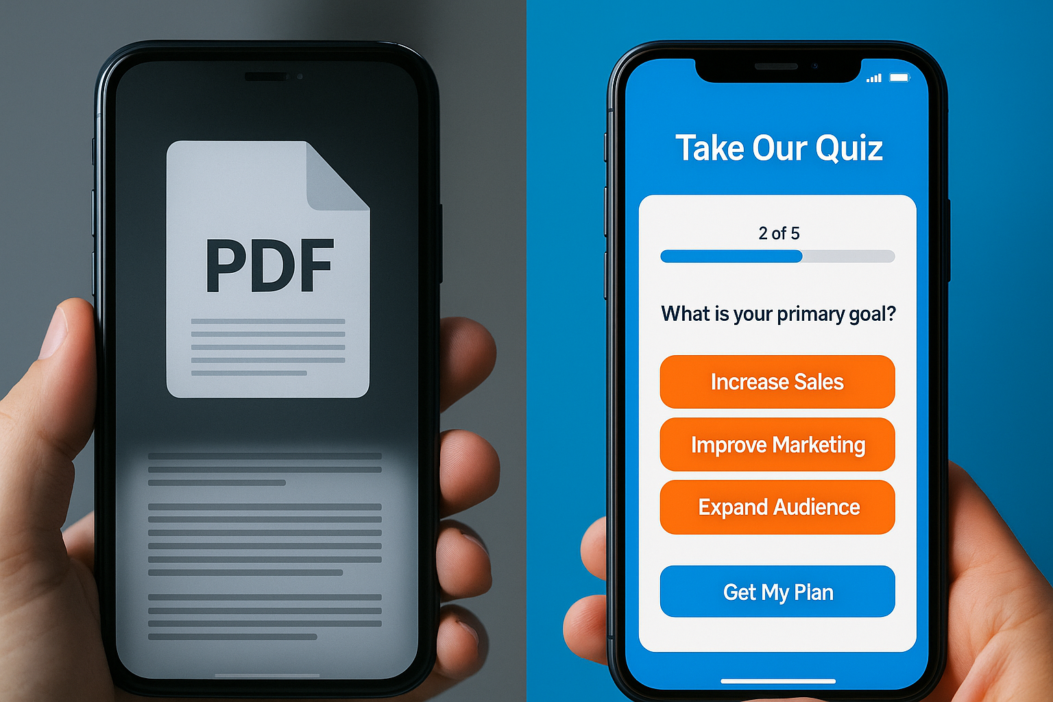 Image showing a mobile screen with a pdf alongside a mobile screen with a quiz