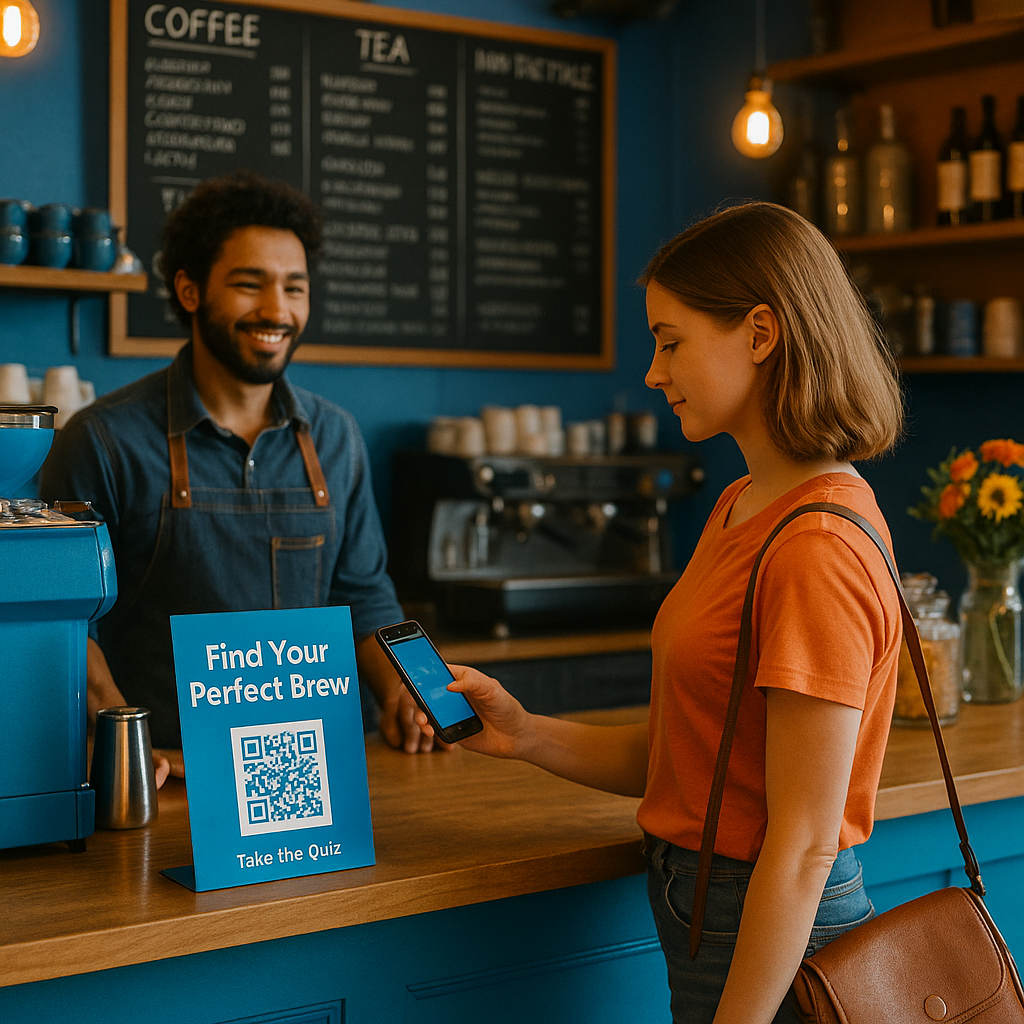 girl in coffeeshop scanning qr code to play a quiz