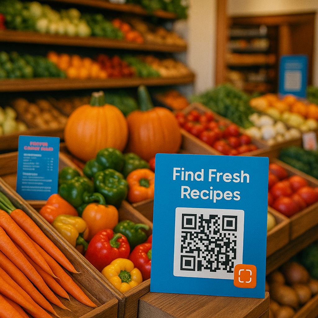 supermarket green shelf with qr code to access quiz for recipes